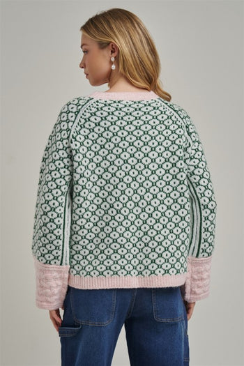 BON Soft Jacquard Geometric Sweater in Green/Blush