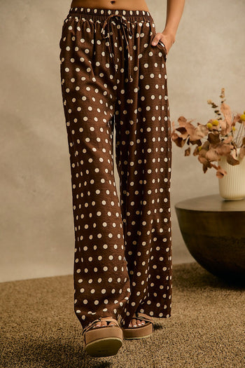 So Me Polka Dot Waist Elastic Wide Leg Pants In Brown/White