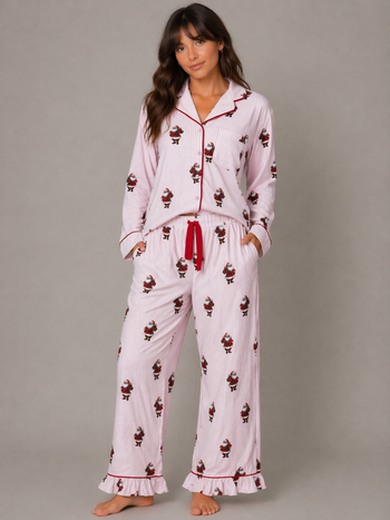Fantastic Fawn Brushed Knit Stripe with Santa Claus Print Pajama Set in Pink/Red