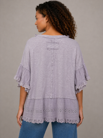Easel Cotton Top with Gauze and Eyelet Lace Ruffles in Dusty Lavender