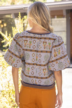 Load image into Gallery viewer, VOY Stripe Ribbed Band Harvest Printed Jacquard Top in Grey
