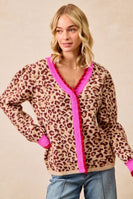 BiBi Leopard Print Knit Sweater with Contrasting Striped Ruffles in Leopard