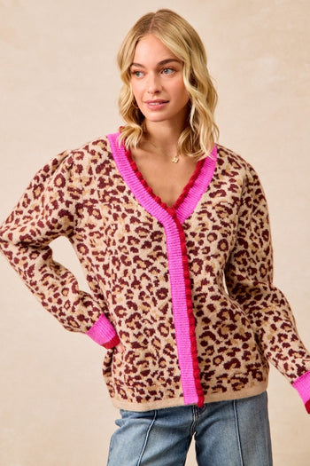 BiBi Leopard Print Knit Sweater with Contrasting Striped Ruffles in Leopard