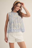 LovLov Blossom Delicate Lace Edged Embroidered Blouse in Ice Blue