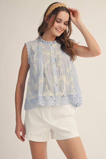 LovLov Blossom Delicate Lace Edged Embroidered Blouse in Ice Blue