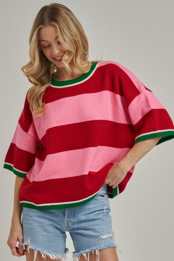BON Christmas Wide Stripe Loose Fit Sweater in Red/Pink