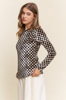 J.nna FITTED Checkered Print Velvet Top in Black