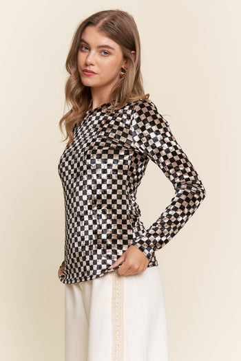 J.nna FITTED Checkered Print Velvet Top in Black
