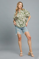 Umgee Floral Print Top with Contrasting Stripe Piping in Sage