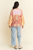 Davi & Dani Waffle Knit Top with Mix N Match Prints and Flower Patch Front in Pink Multi