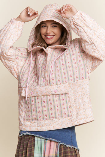 J.nna Mixed Floral Print Hooded Puffer Jacket in Pink Cream