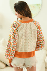 BiBi Cable Knit Sweater with Granny Square Crochet Sleeves in Apricot