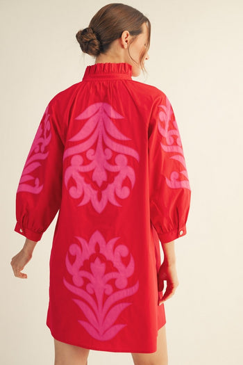 Jodifl Baroque Floral Applique Shift Dress in Red