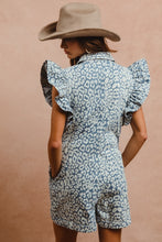 Load image into Gallery viewer, BiBi Washed Leopard Print Zip Up Front Romper in Leopard Denim
