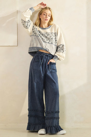 Mittoshop Mineral Washed Ruffle Trim Wide Leg Pants in New Blueberry