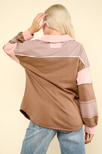 Very J OVERSIZED Color Block Knit Top in Mocha
