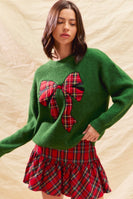 So Me Christmas Plaid Ribbon Bow Front Sweater in Green