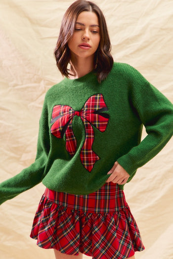 So Me Christmas Plaid Ribbon Bow Front Sweater in Green