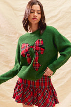 Load image into Gallery viewer, So Me Christmas Plaid Ribbon Bow Front Sweater in Green
