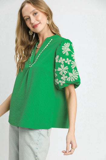 Umgee Textured Top with Embroidery and Scalloped Trim Details in Kelly Green