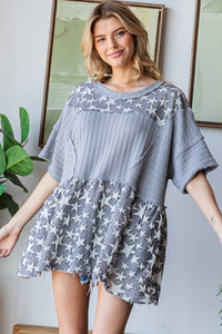 Oli & Hali OVERSIZED Jacquard Star Print and Solid Color Baby Doll Top in Grey