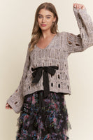 J.nna Open Knit Sweater with Bow Detail in Warm Grey