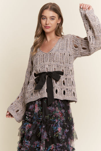 J.nna Open Knit Sweater with Bow Detail in Warm Grey