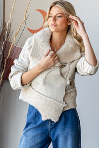 Oli & Hali Faux Fur and Leather CROPPED Jacket with Cable Knit Sweater Sleeves in Cream