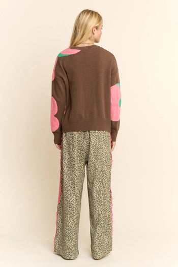 Davi & Dani Leopard Pants with Contrasting Lace Stripe in Green Leopard