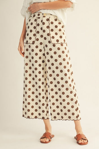 Jodifl Polka Dot Pants with Embroidered Scallop Edge Detail in Mocha