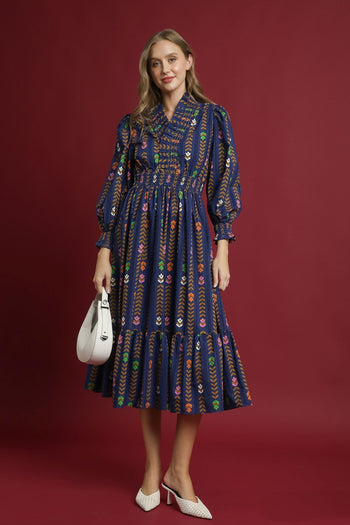 Umgee Stripped Floral Print Midi Dress in Midnight Mix