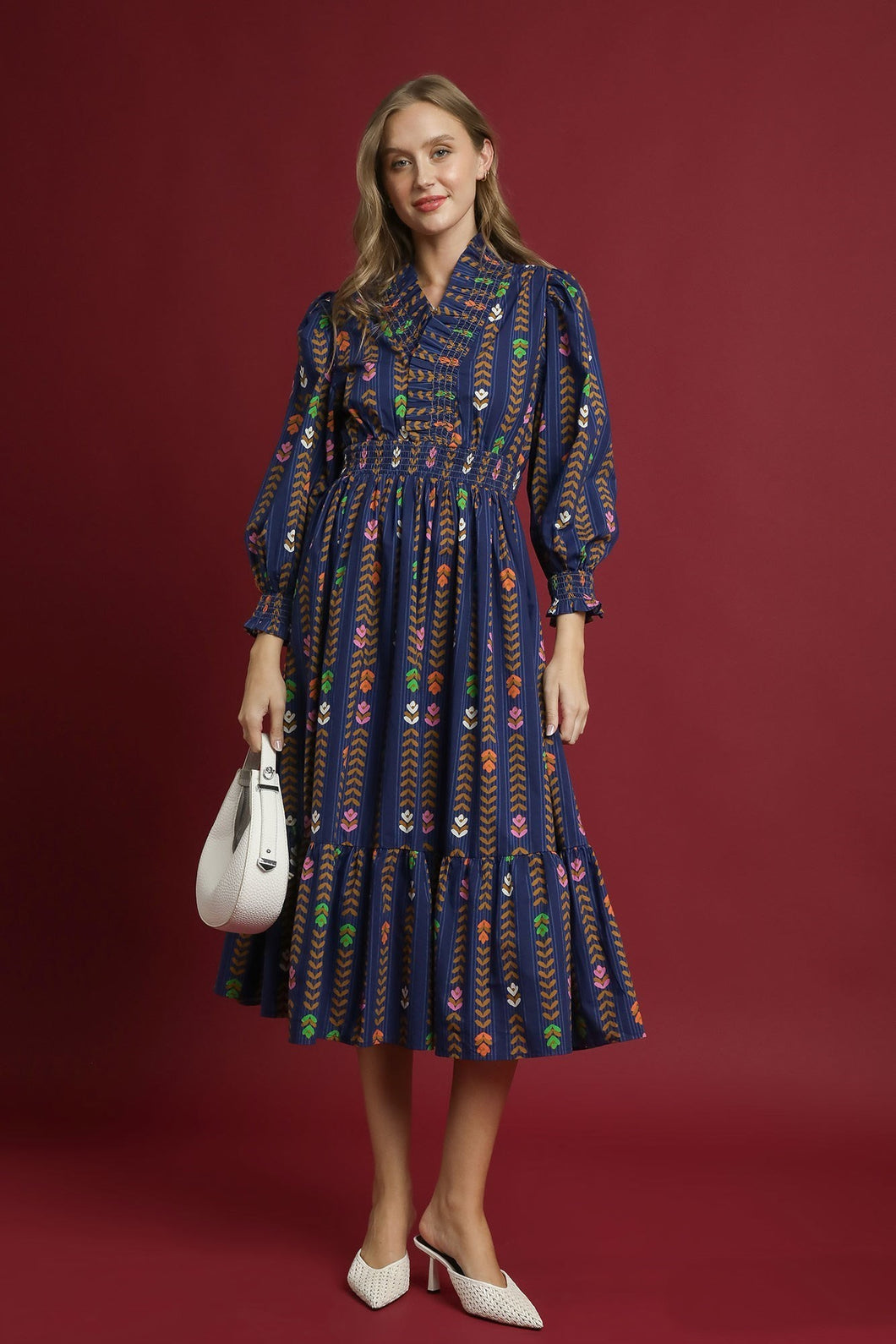 Umgee Stripped Floral Print Midi Dress in Midnight Mix