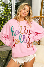 Load image into Gallery viewer, BiBi French Terry Top with HOLLY JOLLY Lettering with Metallic Tinsel in Pink
