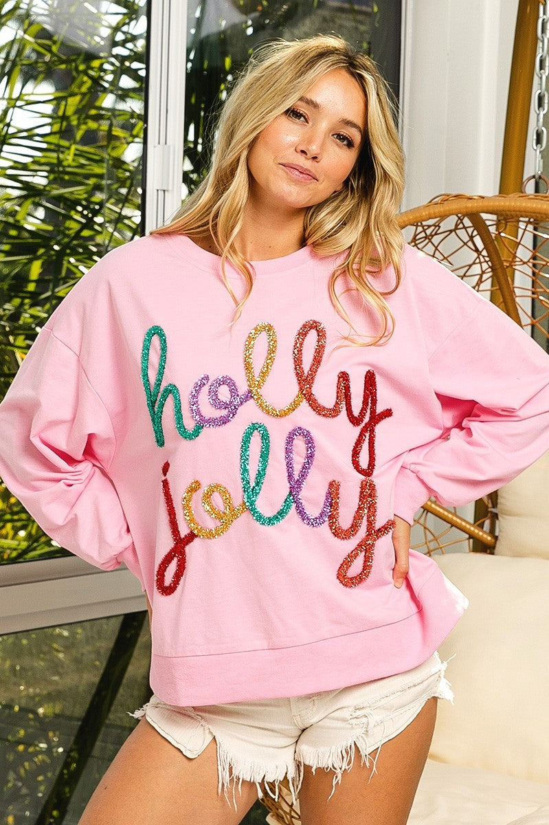 BiBi French Terry Top with HOLLY JOLLY Lettering with Metallic Tinsel in Pink