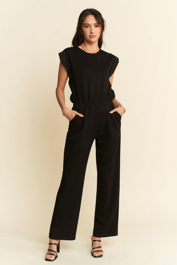 Davi & Dani Soft Knit Solid Color Jumpsuit with Rhinestone Details in Black