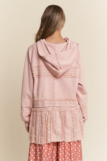 J.nna Mixed Fabric Lace Trim Hooded Jacket in Baby Pink