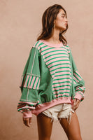 BiBi OVERSIZED Mixed Striped with Contrasting Color Panels Top in Blush/Emerald