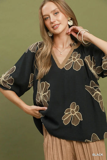 Umgee Floral Embroidered V-Neck Relaxed Top in Black
