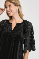 Umgee Velvet Split Neck Top with Floral Lace Sleeves in Black