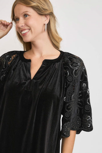 Umgee Velvet Split Neck Top with Floral Lace Sleeves in Black