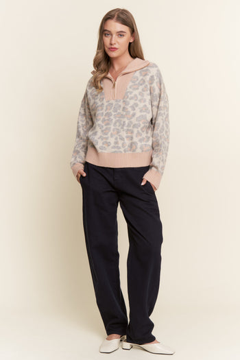 J.nna Knit Leopard Print Sweater with Contrasting Ribbed Trim in Grey