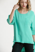 Load image into Gallery viewer, Umgee Linen Blend Long Bell Sleeve Round Neck Top with Chest Pocket and Frayed High Low Scoop Hem in Emerald
