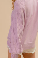 BiBi Solid Color Raglan Sweater with Cable Knit Sleeves in Lilac