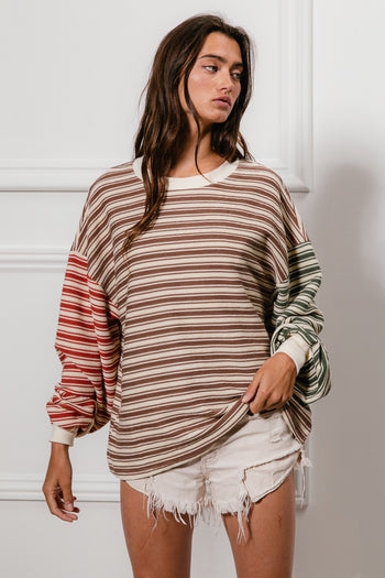 BiBi Multi Color Mixed Striped Top in Mocha/Rust/Olive