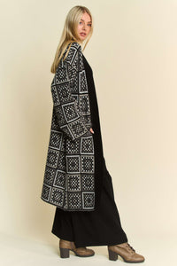 Davi & Dani Granny Square Open Front Long Cardigan in Black Multi