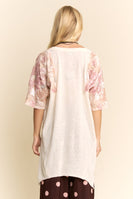 Davi & Dani Knit Top with Sequin Floral Sleeves in Pale Pink