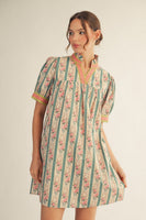 Jodifl Floral and Stripe Print Puff Sleeve Dress in Jade Mix
