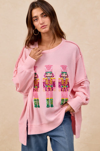 BiBi OVERSIZED Waffle Knit Top with Sequin Nutcracker Patches in Pink