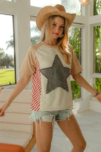 Load image into Gallery viewer, BiBi Fitted Denim Star Patched Top with Stripe Details in Cream/Latte/Red
