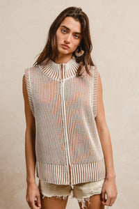 BiBi Two Toned Stripe Knit Sweater Zip up Vest in Ivory/Latte